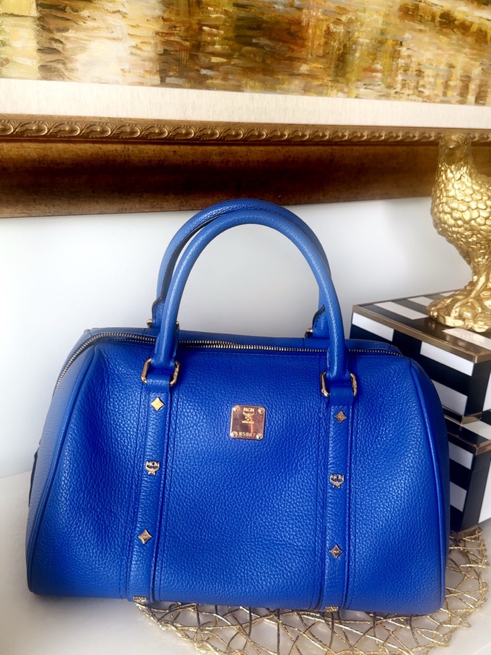 MCM Royal Blue Leather Bowling Bag with Gold Hardware